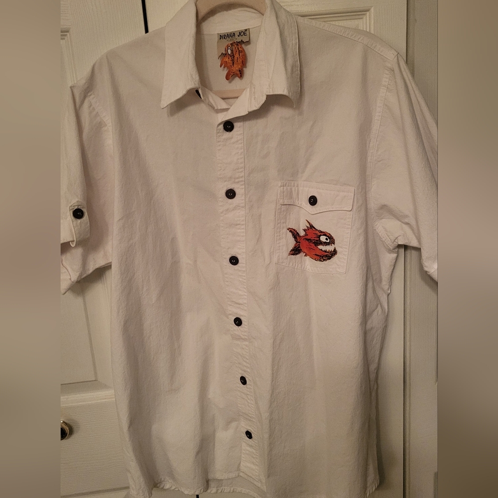 Men's Pirana Joe Short-Sleeve White Button-Up Shirt with Embellished Pocket Lg